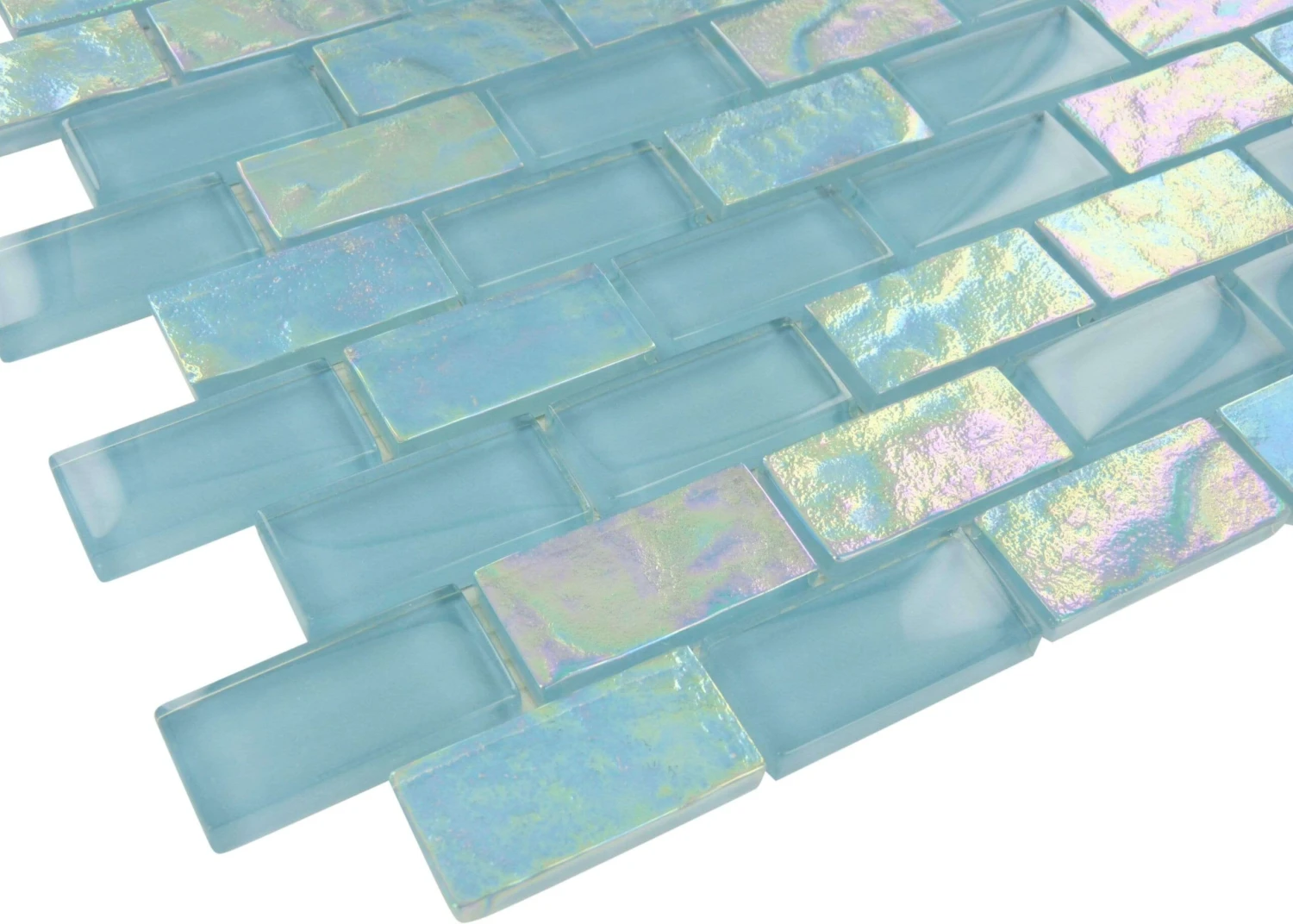 Oceanic 1x2 Aqua Glossy And Iridescent Glass Tile 4 Oceanic 1x2 Aqua Glossy And Iridescent Glass Tile - Image 2