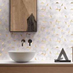 Natural Bianco White And Gold Metal Hexagon Stone Tile -Oasistile Store tuscan glass natural bianco white and gold metal hexagon stone tile nbg1 29728729628866