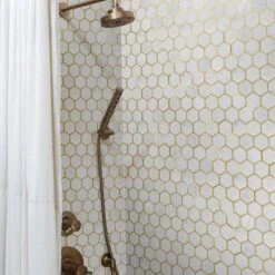 Natural Bianco White And Gold Metal Honeycomb Hexagon Stone Tile -Oasistile Store tuscan glass natural bianco white and gold metal honeycomb hexagon stone tile nbg6 29570650603714